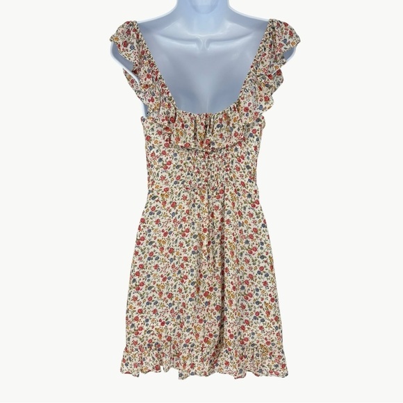 Reformation Paris Floral Ruffle Mini Dress Size 6 Cream Sweetheart A Line - Picture 2 of 14